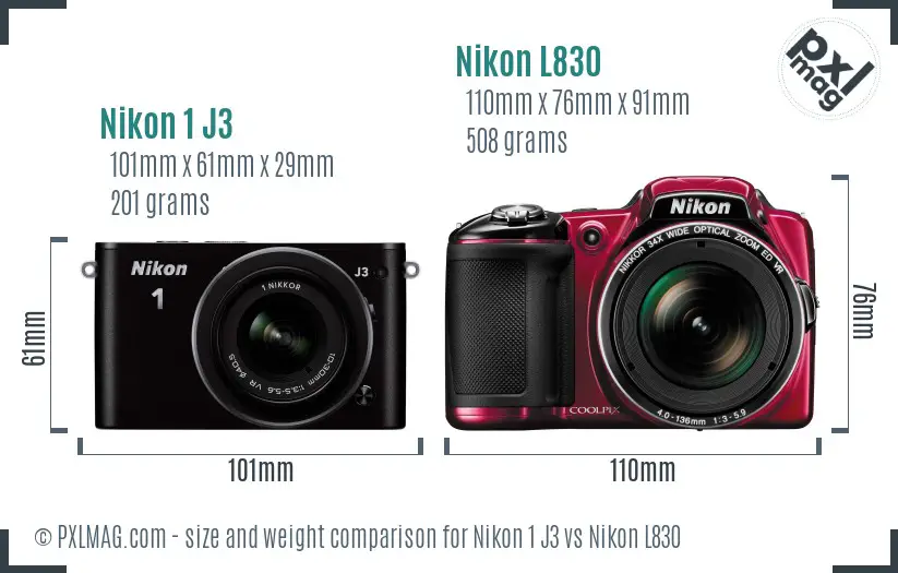 Nikon 1 J3 vs Nikon L830 size comparison