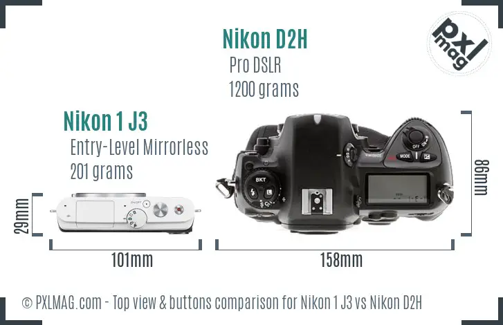 Nikon 1 J3 vs Nikon D2H top view buttons comparison