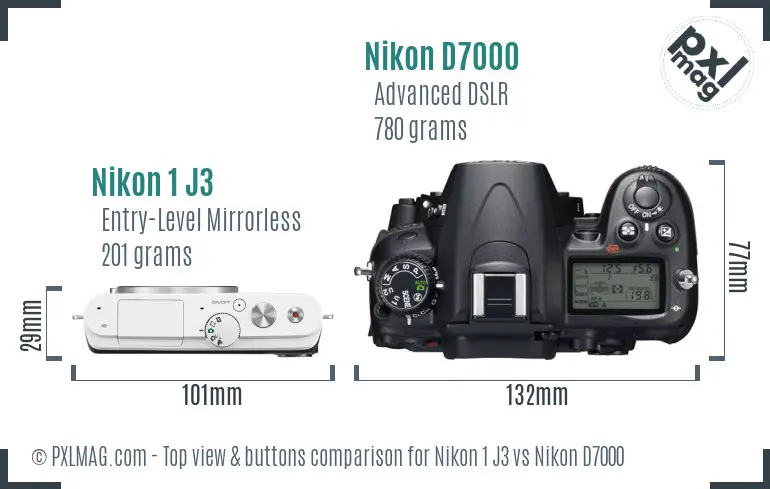 Nikon 1 J3 vs Nikon D7000 top view buttons comparison Nikon 1 J3 vs Nikon D7000 top view buttons comparison