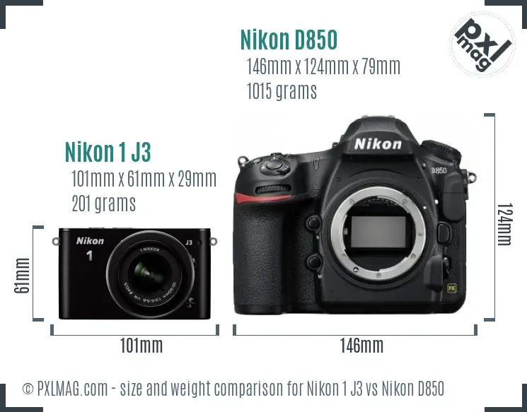 Nikon 1 J3 vs Nikon D850 size comparison