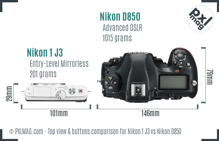 Nikon 1 J3 vs Nikon D850 top view buttons comparison