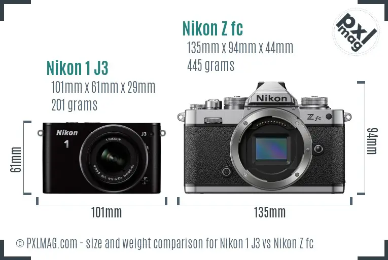 Nikon 1 J3 vs Nikon Z fc size comparison