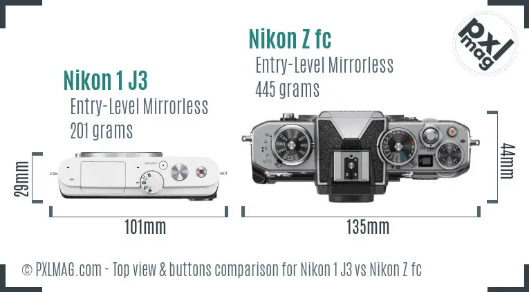 Nikon 1 J3 vs Nikon Z fc top view buttons comparison