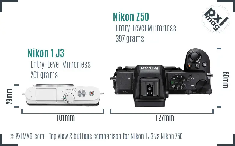 Nikon 1 J3 vs Nikon Z50 top view buttons comparison