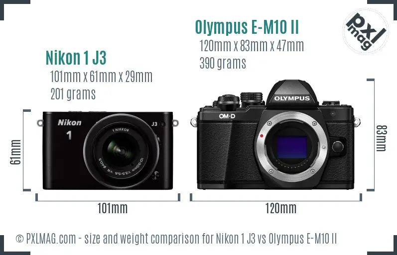 Nikon 1 J3 vs Olympus E-M10 II size comparison