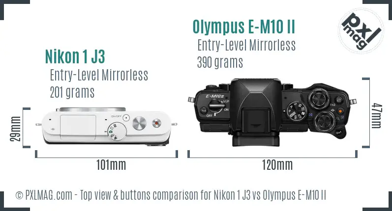 Nikon 1 J3 vs Olympus E-M10 II top view buttons comparison