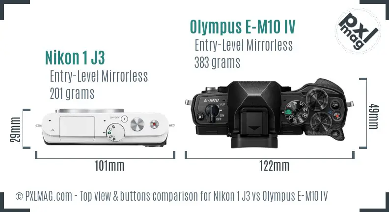 Nikon 1 J3 vs Olympus E-M10 IV top view buttons comparison