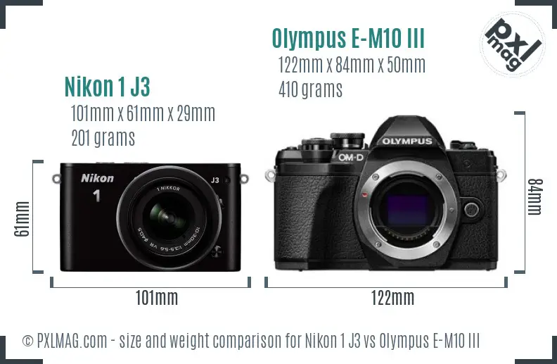 Nikon 1 J3 vs Olympus E-M10 III size comparison