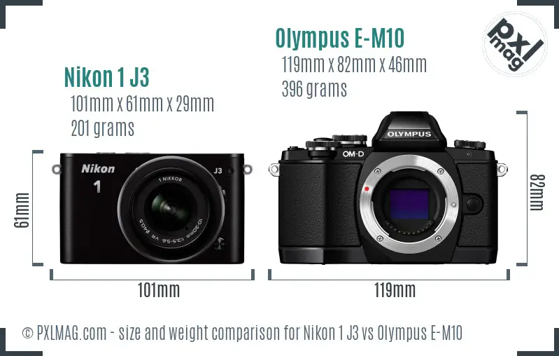 Nikon 1 J3 vs Olympus E-M10 size comparison