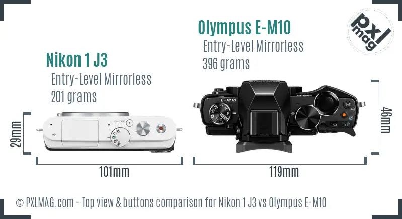 Nikon 1 J3 vs Olympus E-M10 top view buttons comparison