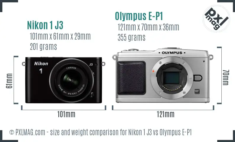 Nikon 1 J3 vs Olympus E-P1 size comparison