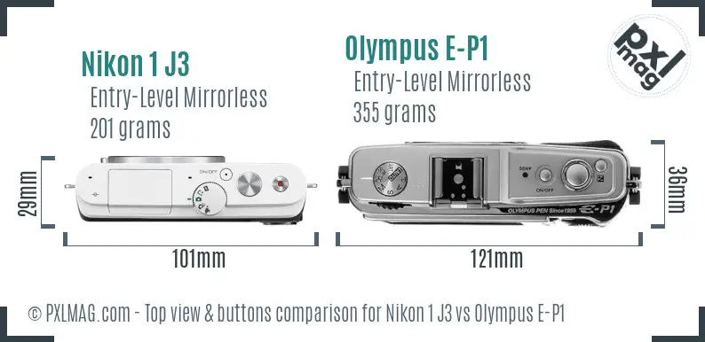 Nikon 1 J3 vs Olympus E-P1 top view buttons comparison