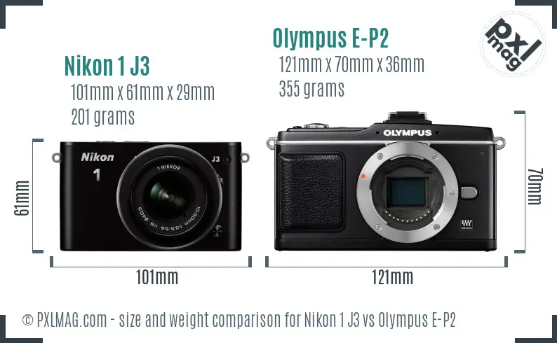 Nikon 1 J3 vs Olympus E-P2 size comparison