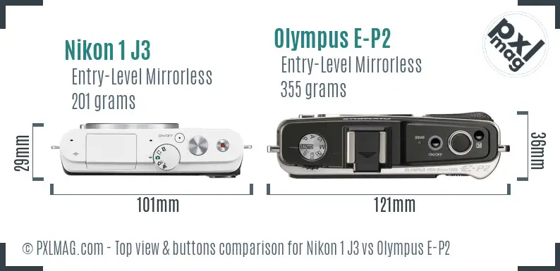 Nikon 1 J3 vs Olympus E-P2 top view buttons comparison