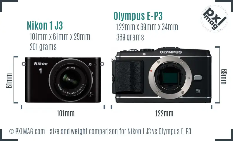 Nikon 1 J3 vs Olympus E-P3 size comparison