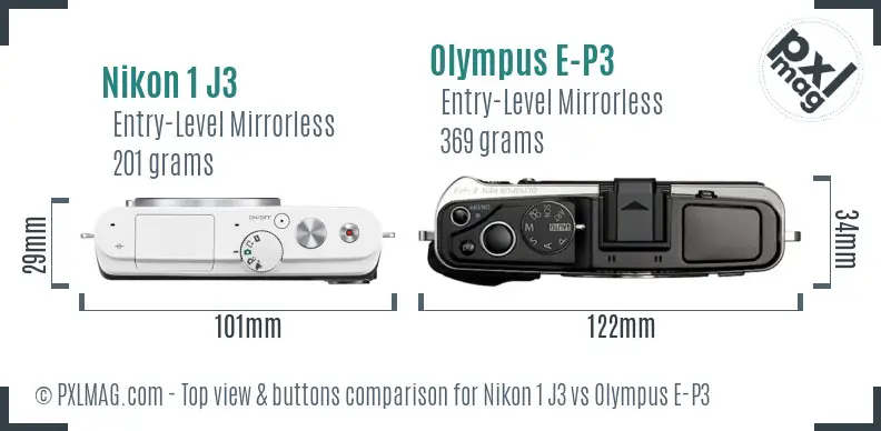 Nikon 1 J3 vs Olympus E-P3 top view buttons comparison