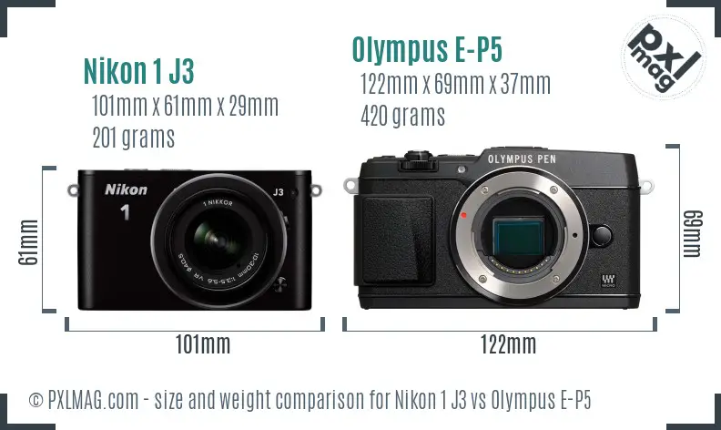 Nikon 1 J3 vs Olympus E-P5 size comparison