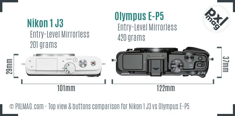Nikon 1 J3 vs Olympus E-P5 top view buttons comparison