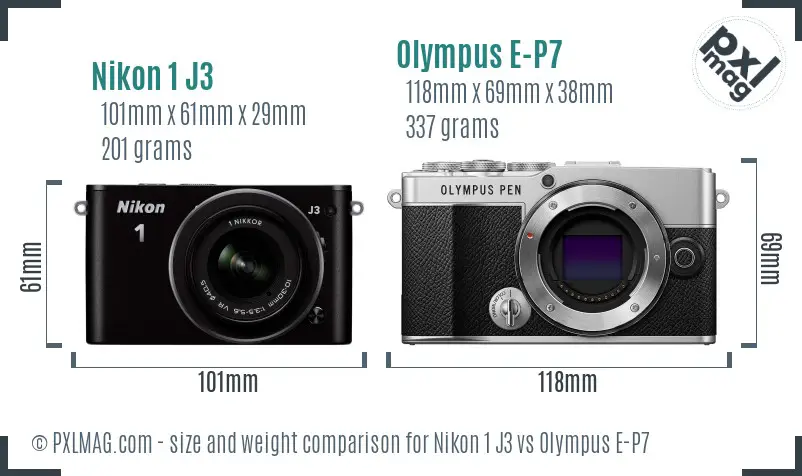 Nikon 1 J3 vs Olympus E-P7 size comparison