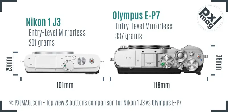 Nikon 1 J3 vs Olympus E-P7 top view buttons comparison