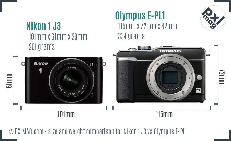 Nikon 1 J3 vs Olympus E-PL1 size comparison