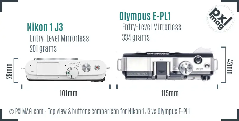 Nikon 1 J3 vs Olympus E-PL1 top view buttons comparison