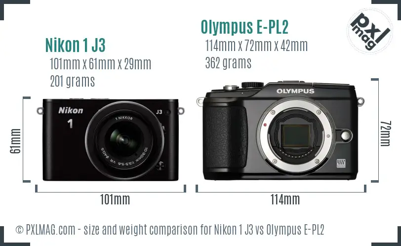 Nikon 1 J3 vs Olympus E-PL2 size comparison