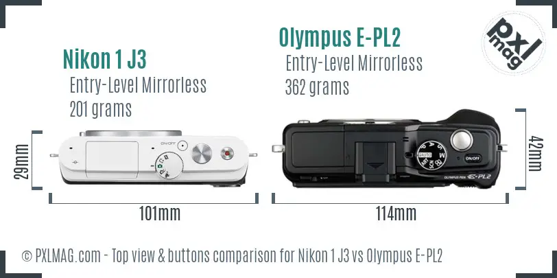 Nikon 1 J3 vs Olympus E-PL2 top view buttons comparison