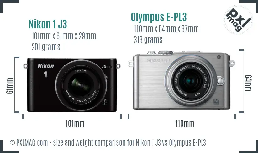 Nikon 1 J3 vs Olympus E-PL3 size comparison