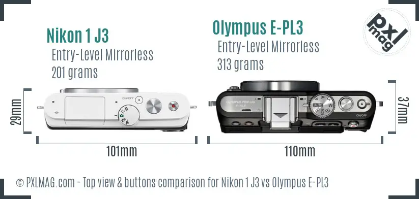 Nikon 1 J3 vs Olympus E-PL3 top view buttons comparison