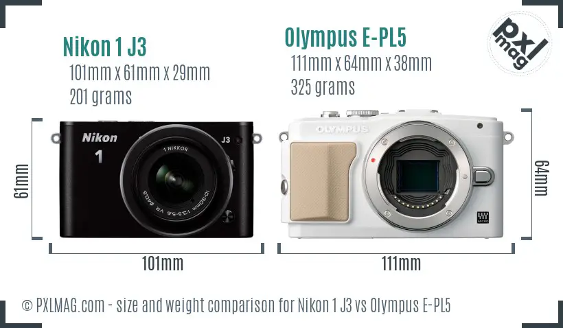 Nikon 1 J3 vs Olympus E-PL5 size comparison