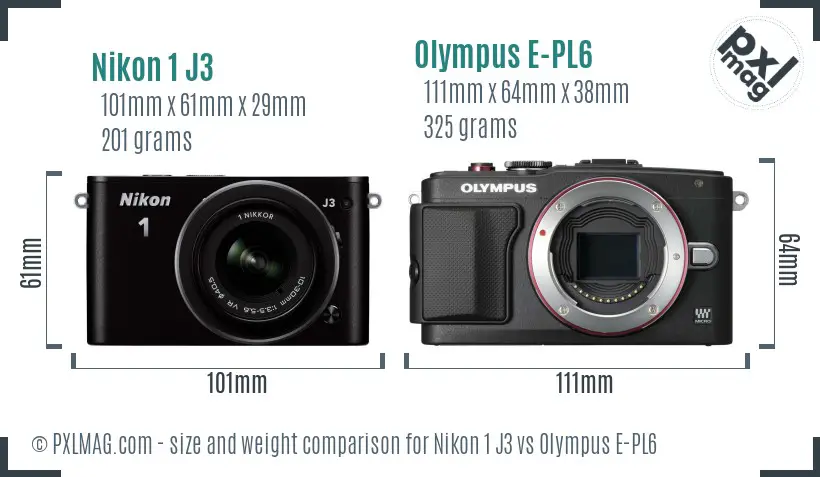 Nikon 1 J3 vs Olympus E-PL6 size comparison