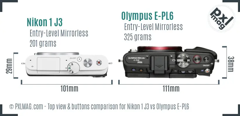 Nikon 1 J3 vs Olympus E-PL6 top view buttons comparison