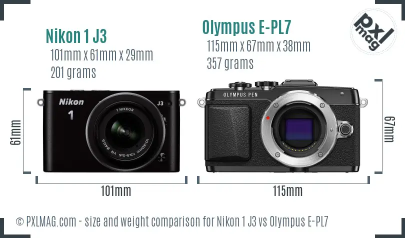 Nikon 1 J3 vs Olympus E-PL7 size comparison