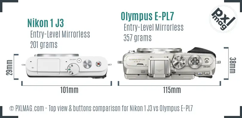 Nikon 1 J3 vs Olympus E-PL7 top view buttons comparison