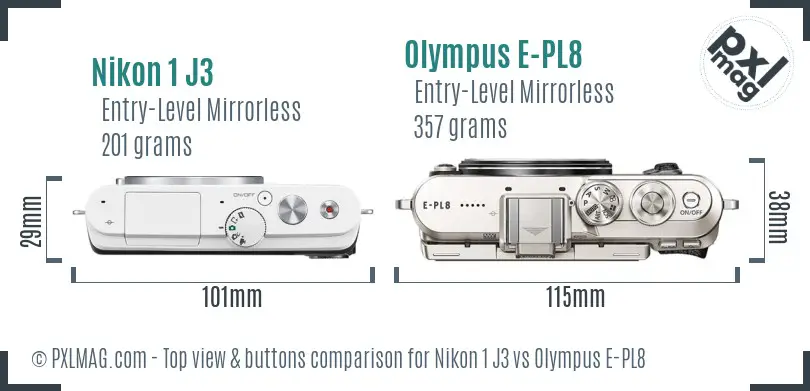 Nikon 1 J3 vs Olympus E-PL8 top view buttons comparison Nikon 1 J3 vs Olympus E-PL8 top view buttons comparison