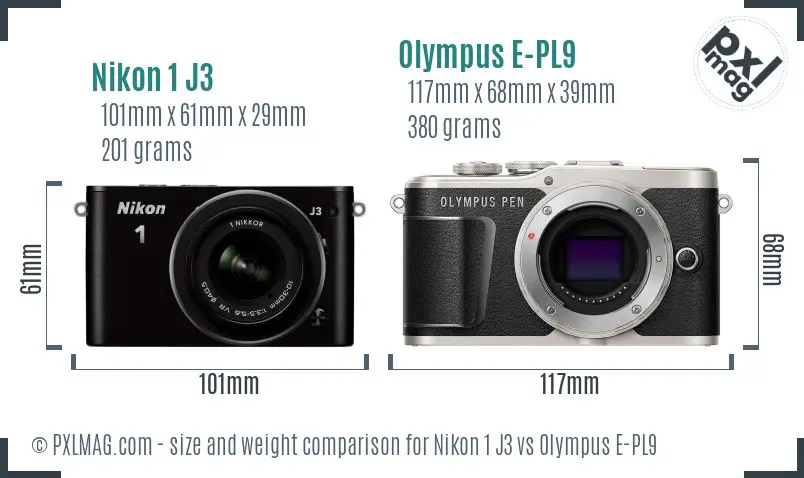 Nikon 1 J3 vs Olympus E-PL9 size comparison