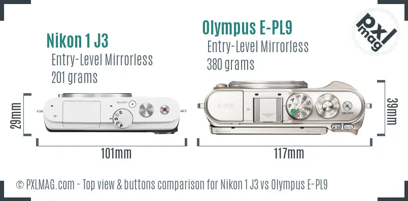 Nikon 1 J3 vs Olympus E-PL9 top view buttons comparison