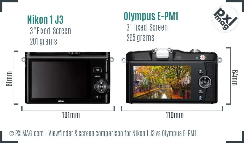 Nikon 1 J3 vs Olympus E-PM1 Screen and Viewfinder comparison