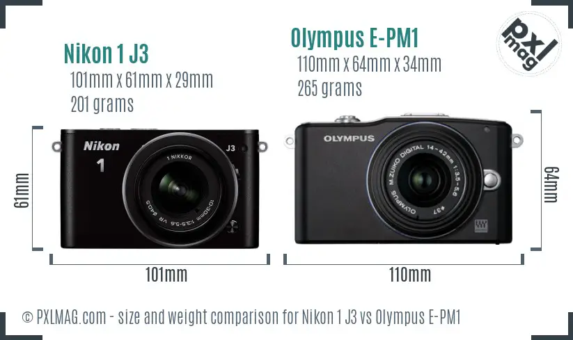 Nikon 1 J3 vs Olympus E-PM1 size comparison