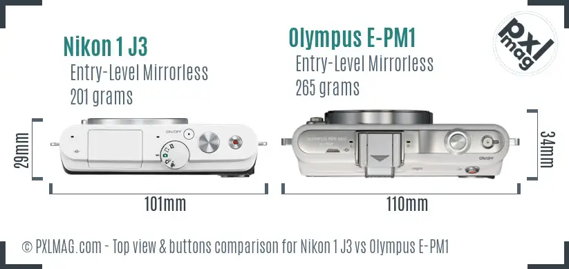 Nikon 1 J3 vs Olympus E-PM1 top view buttons comparison