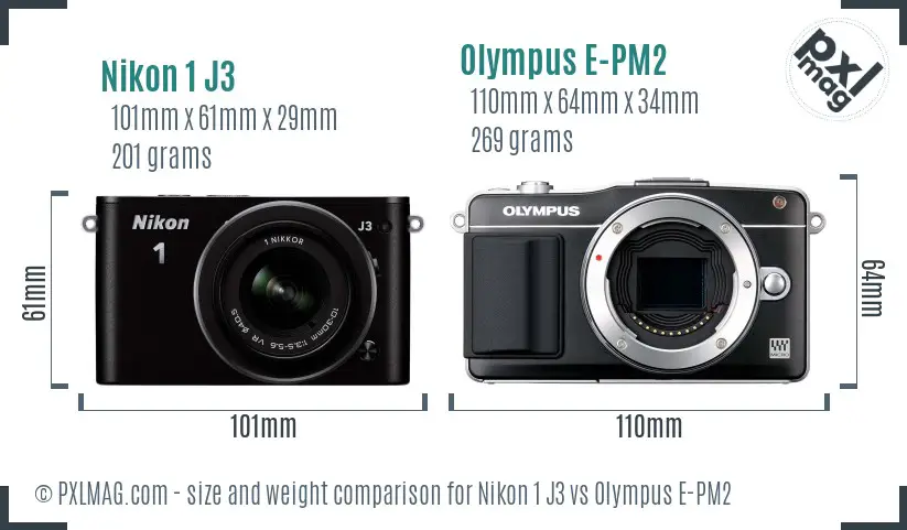 Nikon 1 J3 vs Olympus E-PM2 size comparison