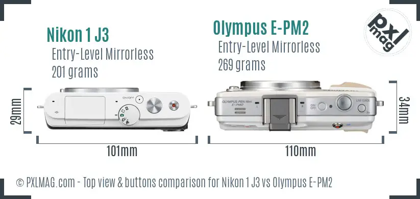 Nikon 1 J3 vs Olympus E-PM2 top view buttons comparison