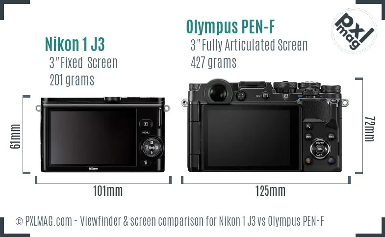 Nikon 1 J3 vs Olympus PEN-F Screen and Viewfinder comparison