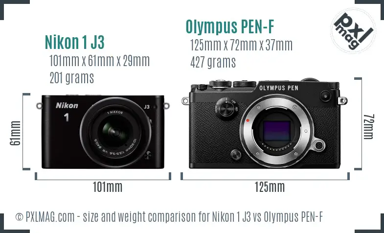 Nikon 1 J3 vs Olympus PEN-F size comparison