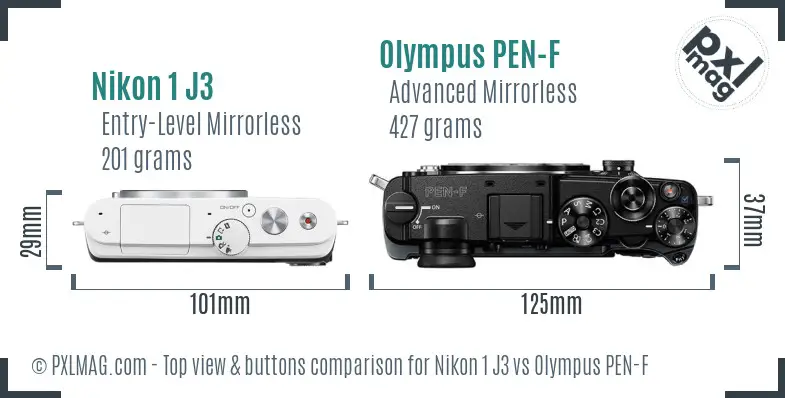 Nikon 1 J3 vs Olympus PEN-F top view buttons comparison