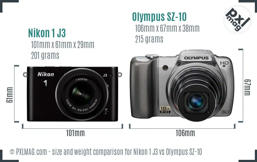 Nikon 1 J3 vs Olympus SZ-10 size comparison