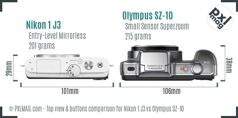 Nikon 1 J3 vs Olympus SZ-10 top view buttons comparison