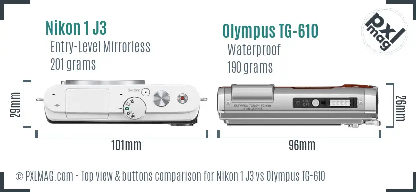 Nikon 1 J3 vs Olympus TG-610 top view buttons comparison