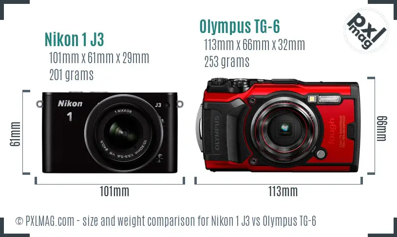 Nikon 1 J3 vs Olympus TG-6 size comparison